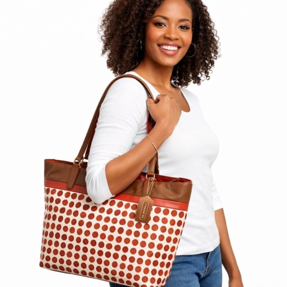 Coach Polka Dot Tote Bag Orange White Brown Leather Vintage‎ Rockabilly 90-42